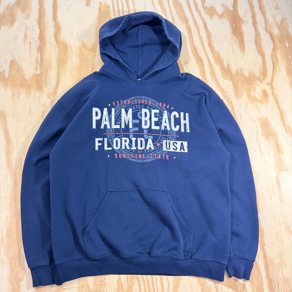 Gildan Mens Navy Palm Beach Florida USA Graphic Pullover Hoodie Size M